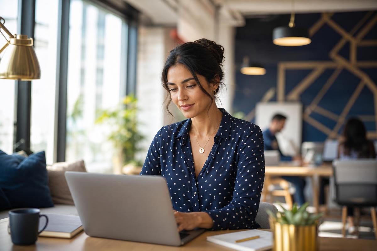 Junge Fachkraft arbeitet fokussiert in einem modernen Co-Working-Space