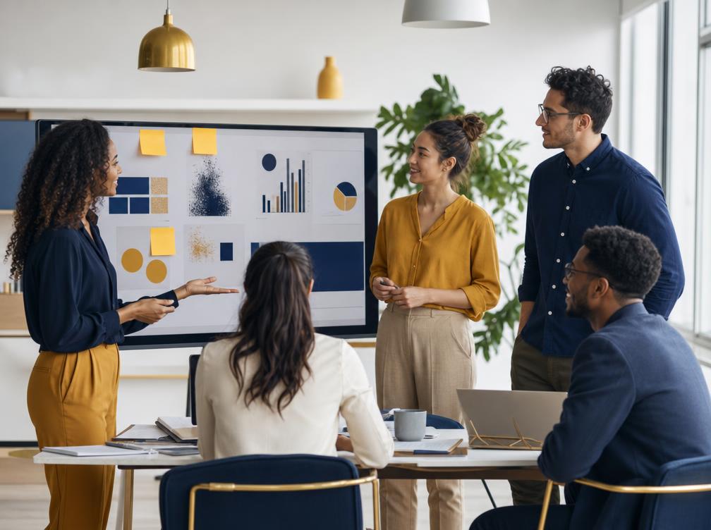 Junges Team bespricht gemeinsam Daten und Ideen an einem großen Monitor